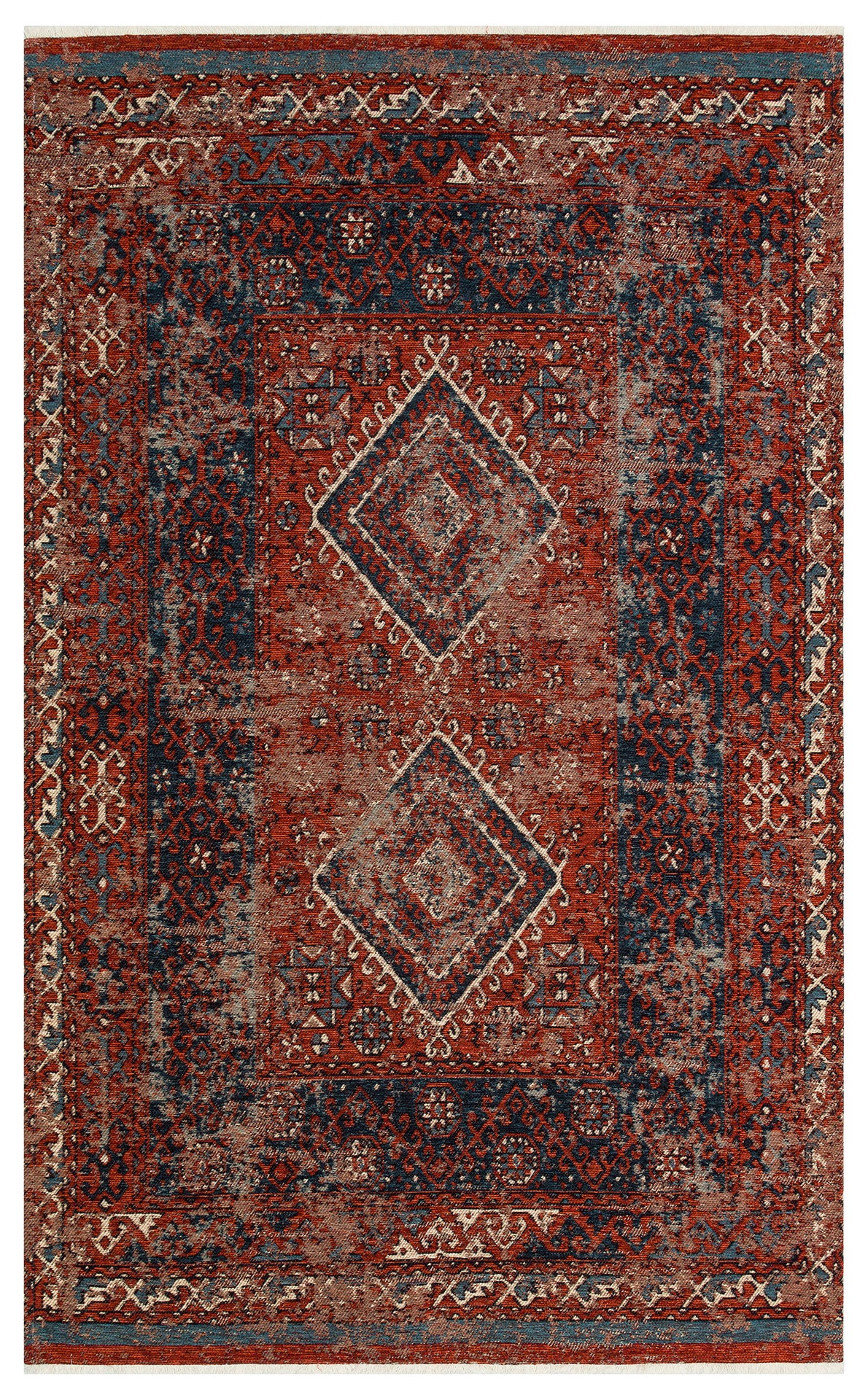 The Heritage Blend - Washable Kilims - AND02 is a rectangular Persian-inspired chenille polyester rug in red, blue, and cream with two large diamond medallions, intricate geometric and floral designs—an allergy-friendly choice for style and comfort