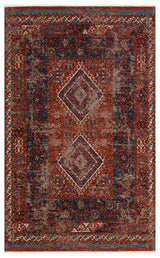 The Heritage Blend - Washable Kilims - AND02 is a rectangular Persian-inspired chenille polyester rug in red, blue, and cream with two large diamond medallions, intricate geometric and floral designs—an allergy-friendly choice for style and comfort