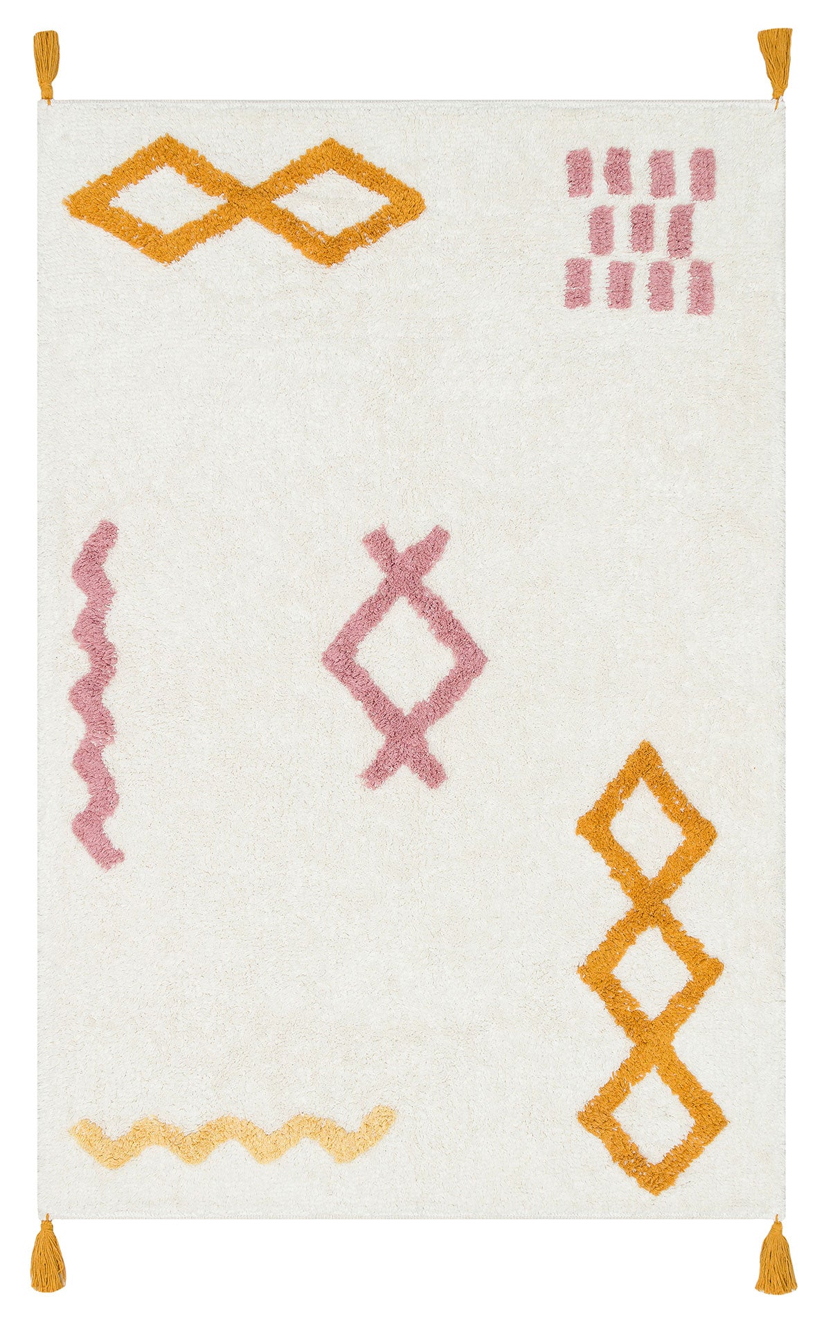 The Nursery Nest - Washable Shaggy - CBN04 is a plush cotton rug with abstract yellow and pink geometric shapes, zigzags, diamonds, and yellow tassels—ideal for adding cozy style to any nursery or room.