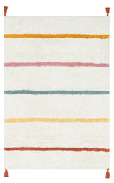 The Baby Breeze - Washable Shaggy - CBN01 is a rectangular white cotton playroom rug with evenly spaced yellow, orange, pink, green, and red stripes and small orange tassels at each corner—ideal for modern kids’ rooms