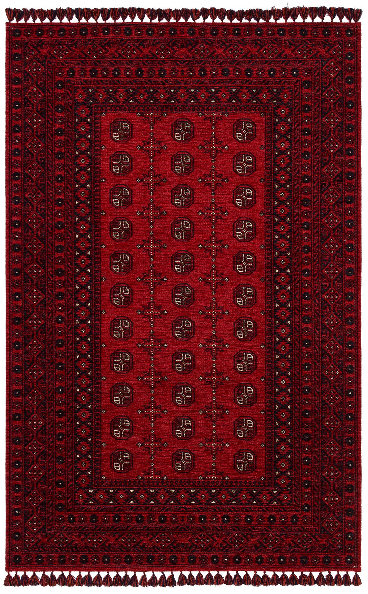 The Berry Pattern - Kilim - BHR04 is a red, machine-made Turkish rug with geometric designs, a central field of black and white octagonal motifs, detailed borders, and tassels on the short edges