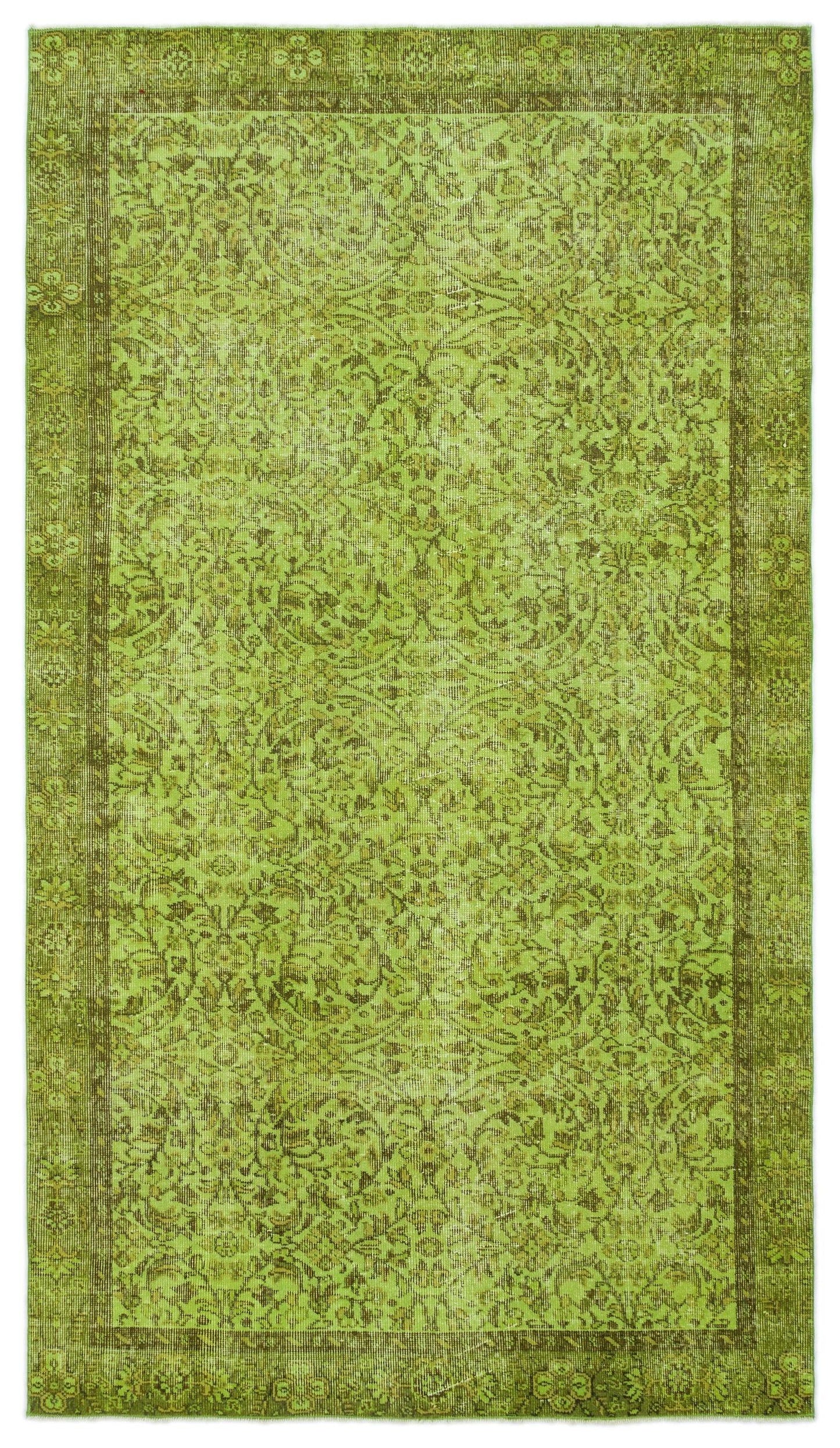 Chartreuse and olive green traditional rug with a distressed floral medallion pattern and a decorative border.