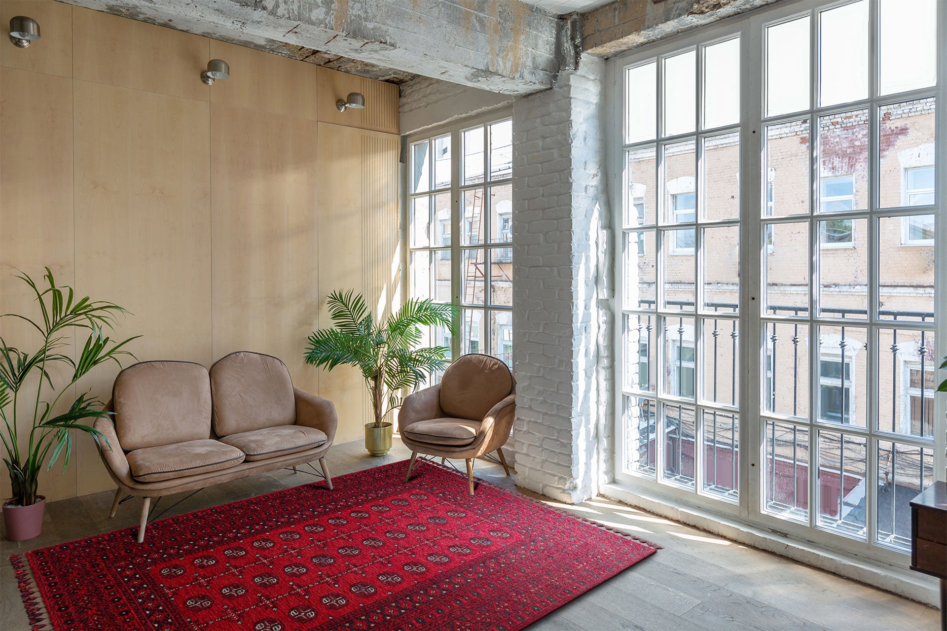 A bright, modern room with large windows features a Berry Pattern - Kilim - BHR04 rug, a small tan sofa, an armchair, and two potted plants; sunlight fills the space, accentuating the minimalist decor