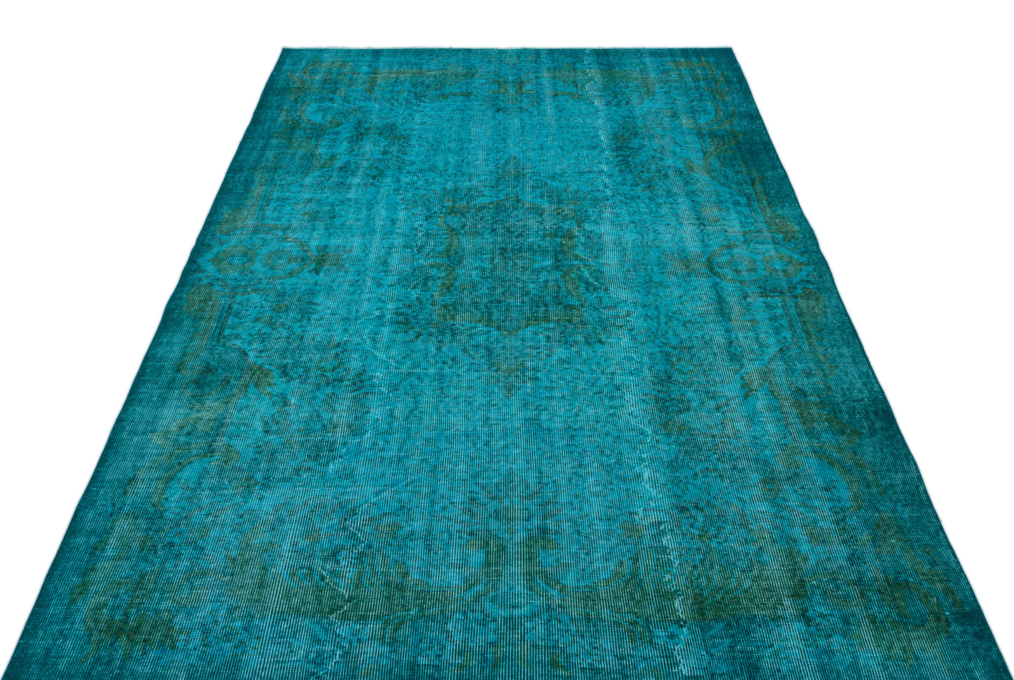 Teal and dark green distressed rug with a faded traditional medallion pattern on a white background.