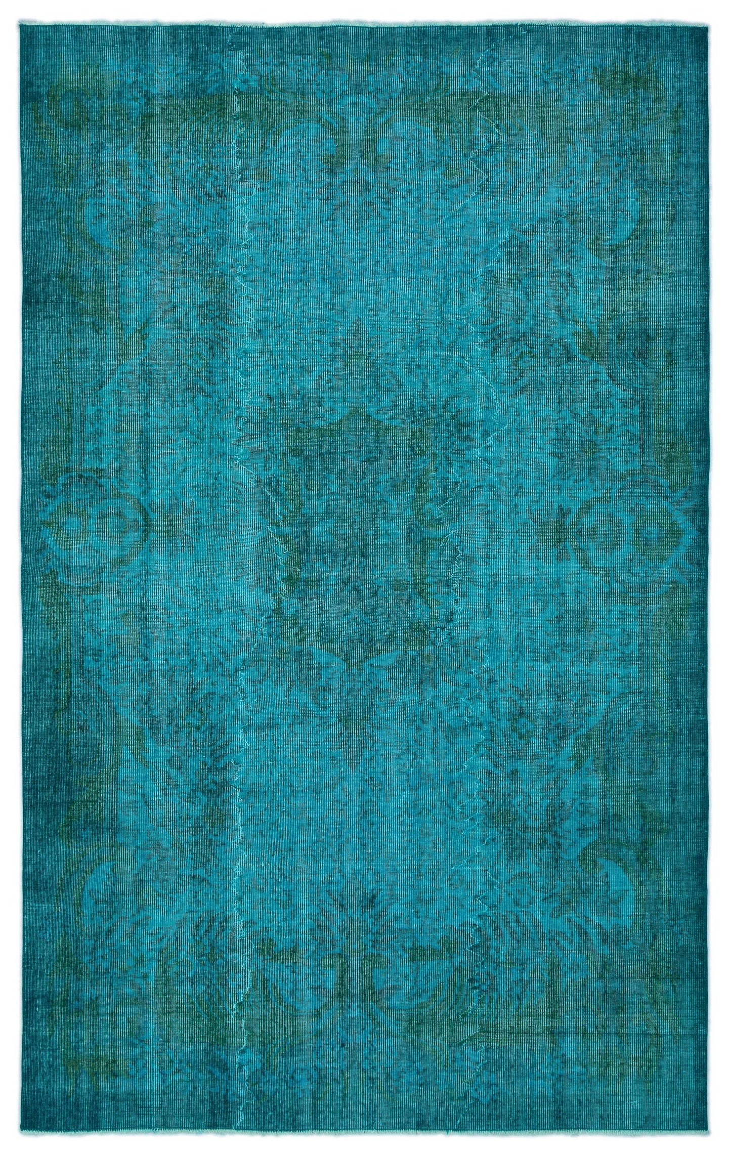 Teal and dark green distressed rug with a faded traditional medallion pattern on a white background.