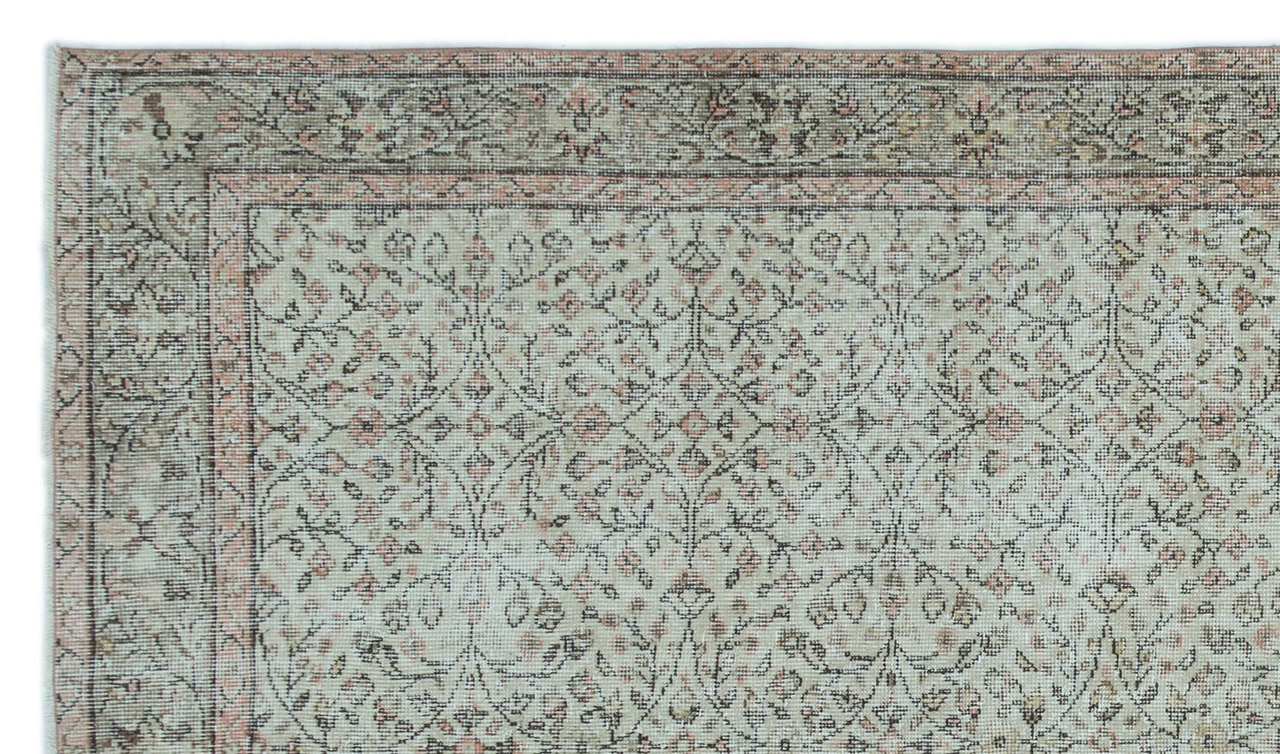 Sage green and dusty rose traditional rug with a distressed floral vine pattern and a decorative border.