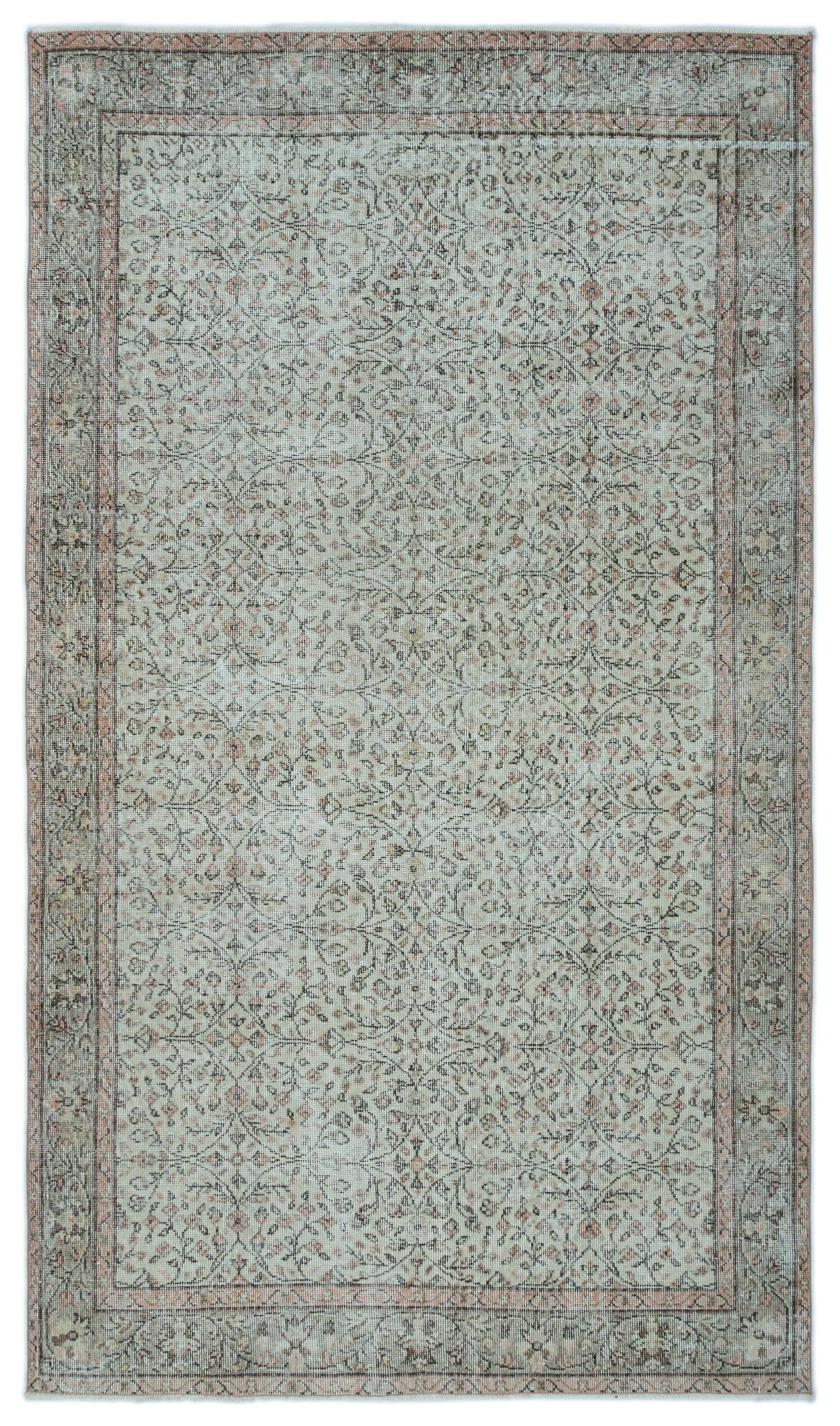 Light grey and faded pink vintage-style rug with a delicate floral vine pattern and a bordered edge.