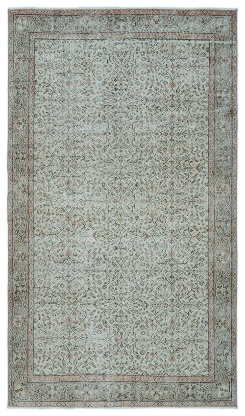 Load image 1 in gallery view. Light grey and faded pink vintage-style rug with a delicate floral vine pattern and a bordered edge.