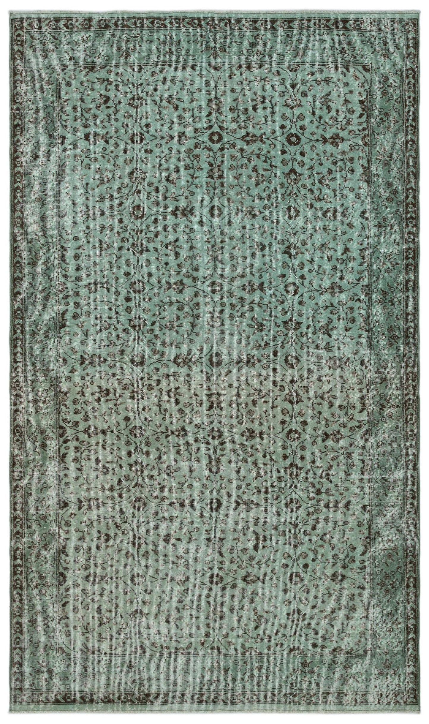Sage green and dark brown traditional rug with an intricate floral vine pattern and a decorative border.