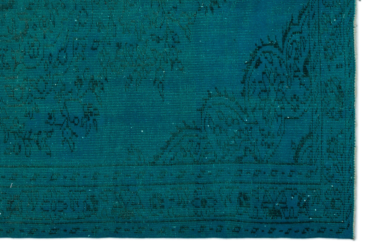 Teal monochromatic rug with a distressed, faded traditional floral pattern and a bordered edge on a white background.