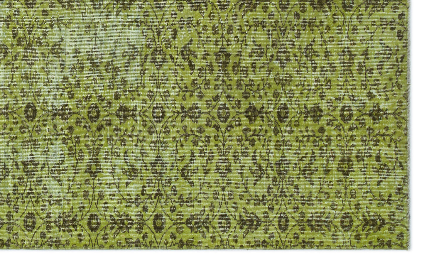 Chartreuse and dark brown vintage-style rug with a distressed floral medallion pattern on a white background.