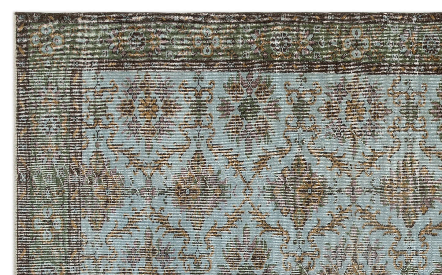 Light blue traditional rug with a dark brown and olive green floral border and repeating medallion pattern.