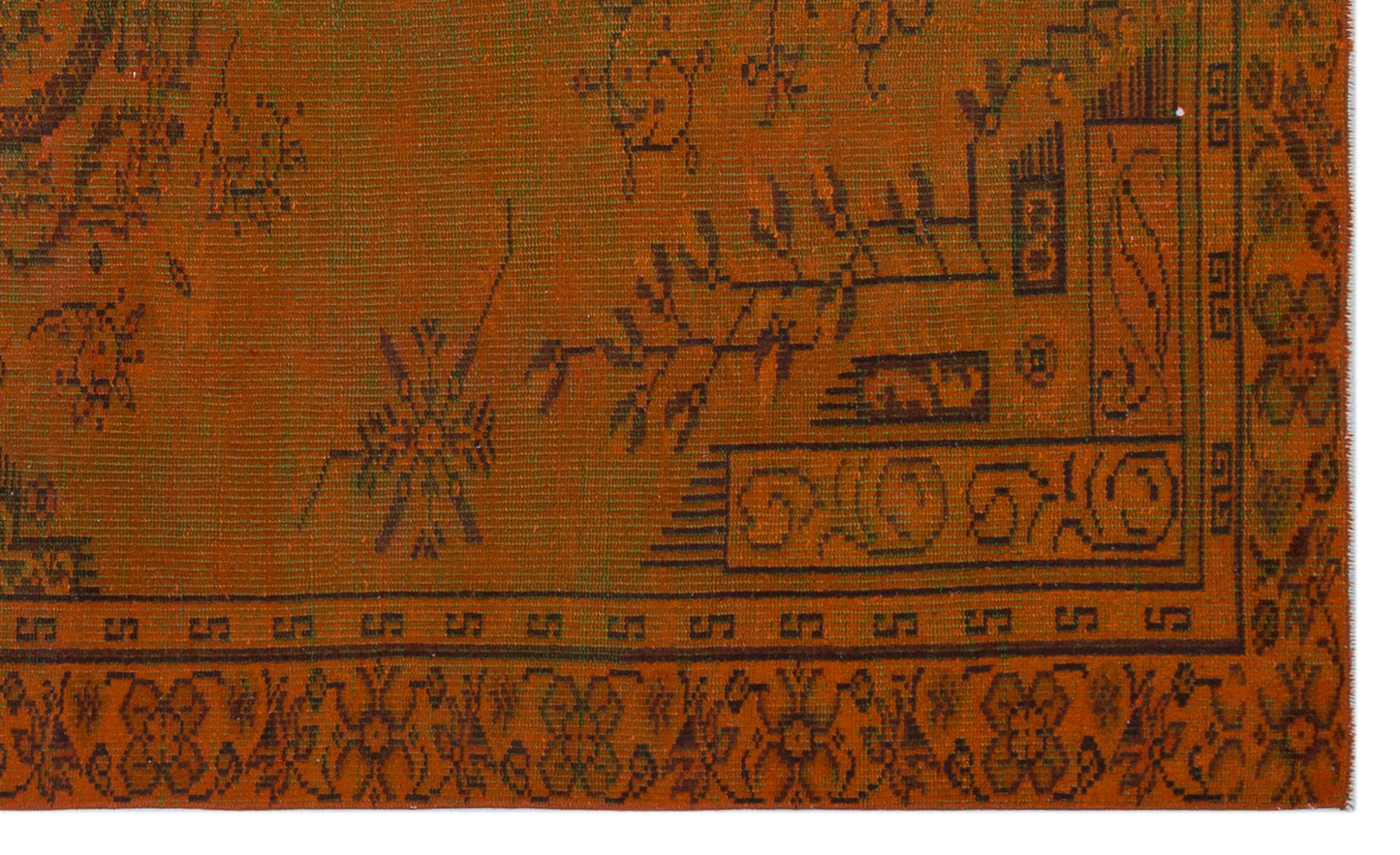 Burnt orange rug with dark brown traditional geometric and floral motifs and a decorative border.