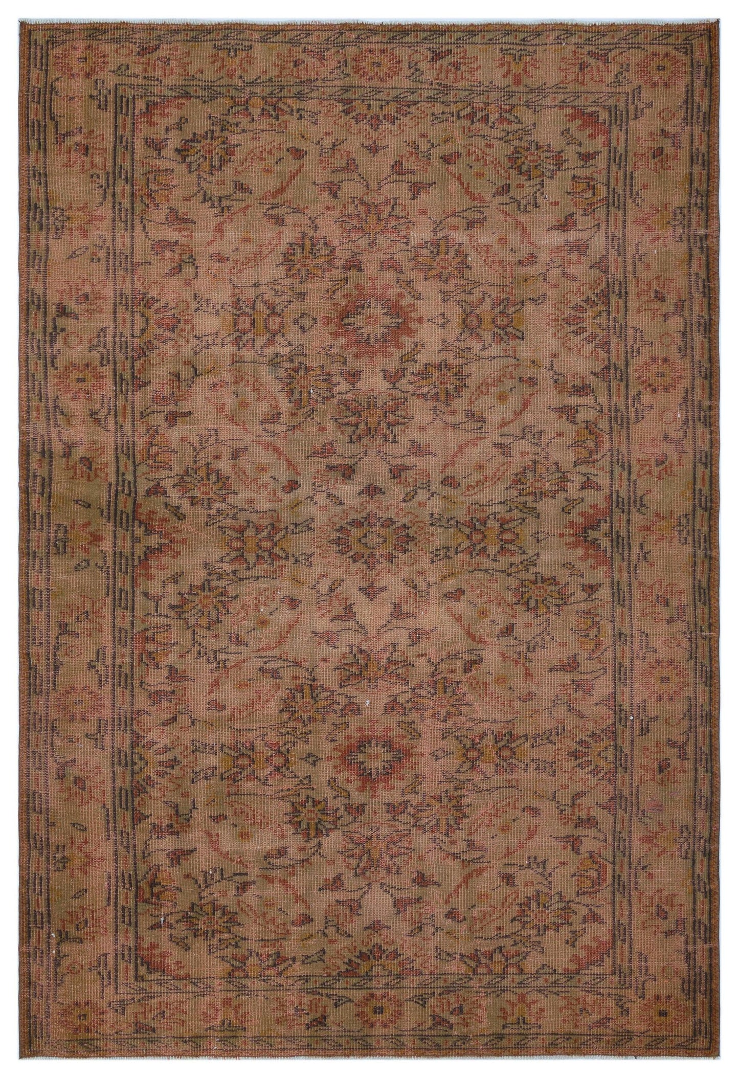 Distressed tan rug with a faded floral medallion pattern and a dark border, isolated on a white background.
