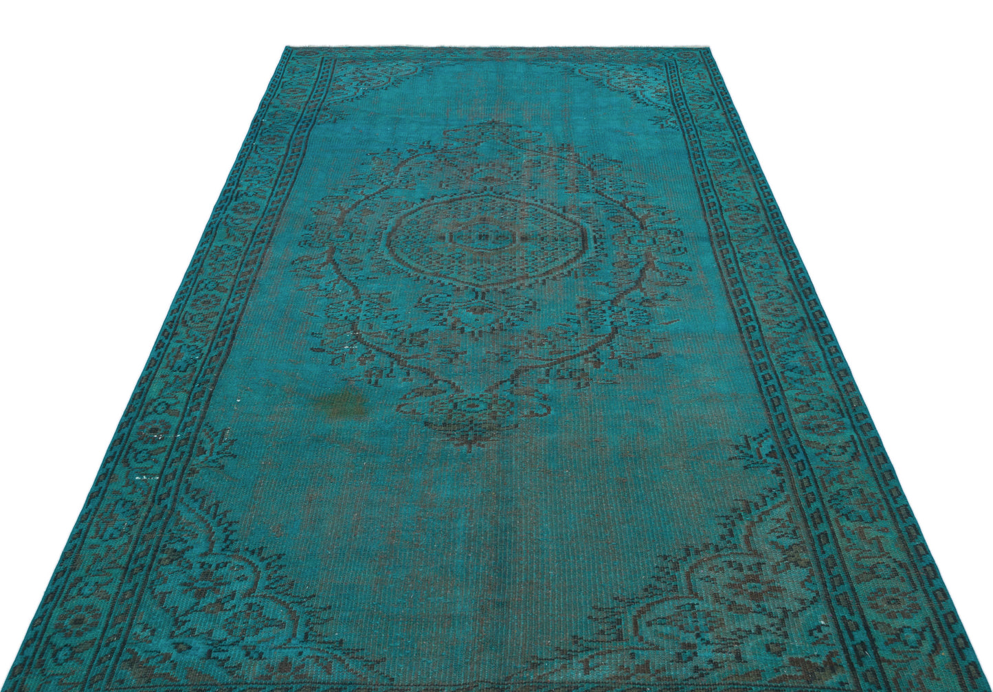 Teal and black distressed vintage-style rug with a central medallion and ornate border pattern on a white background.