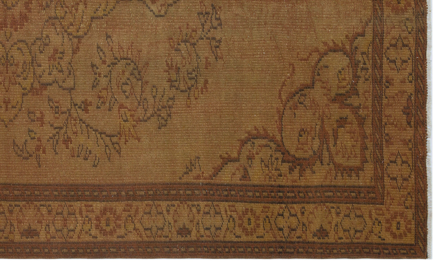 Rust and brown traditional rug with a faded floral medallion pattern and a geometric border.