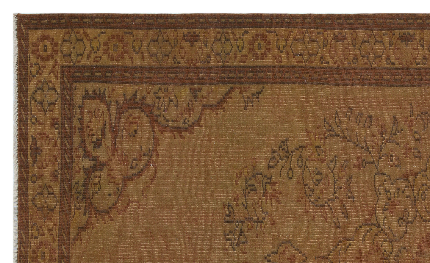 Brown and rust-colored traditional rug with a floral medallion border and intricate botanical motifs.