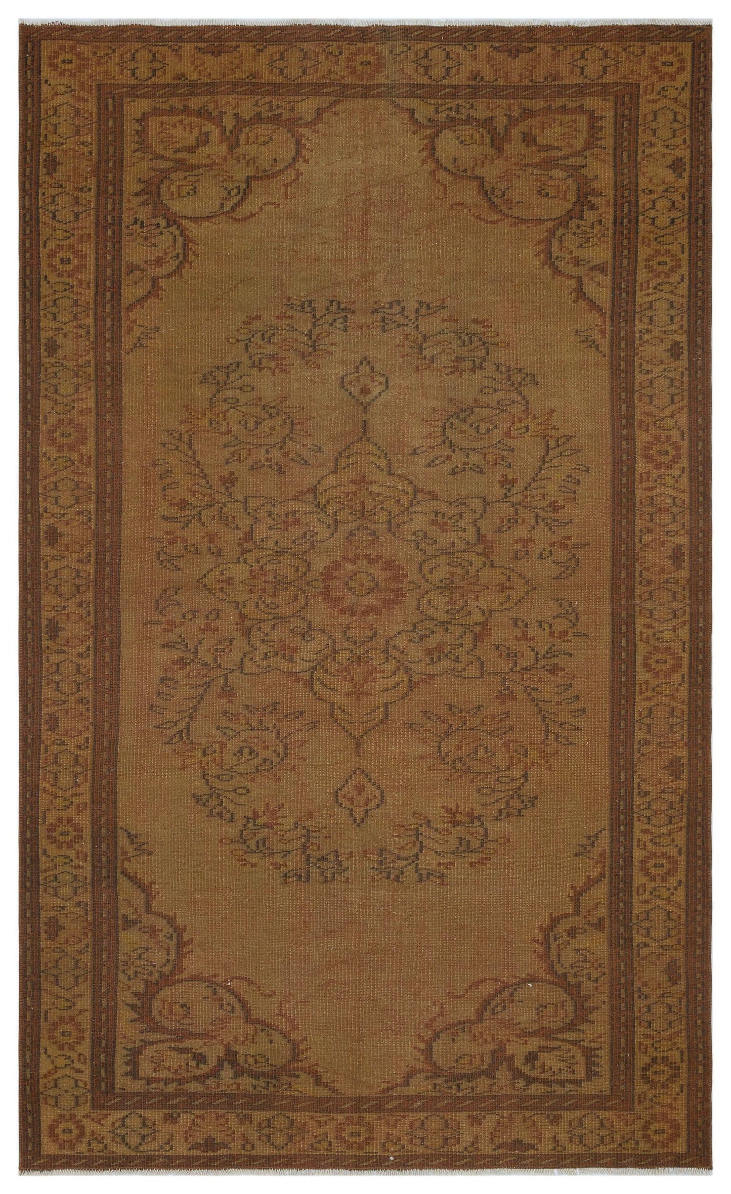 Rust-colored traditional rug with a central floral medallion and ornate border on a white background.