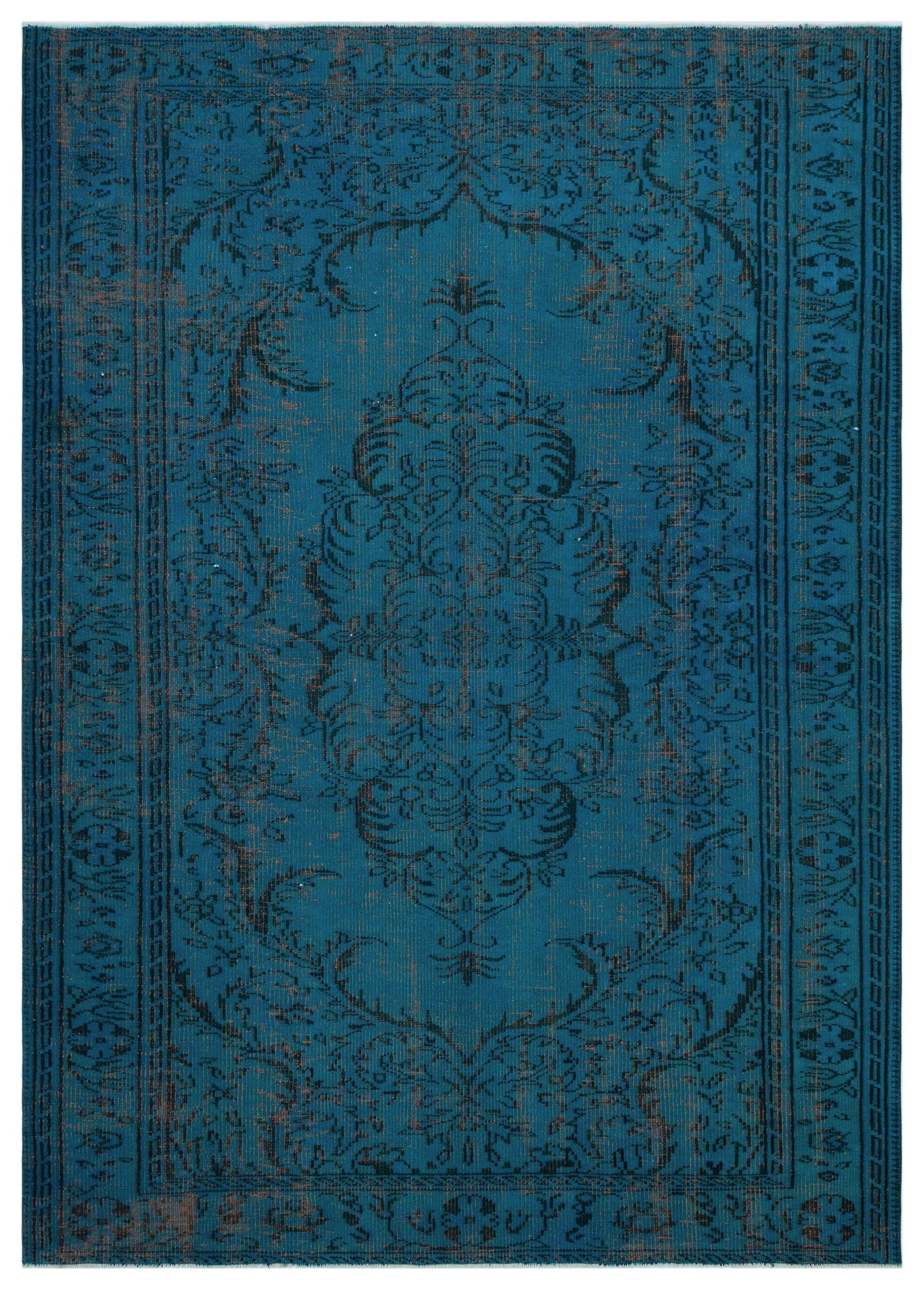 Teal and black distressed rug with a traditional central medallion and ornate floral border.