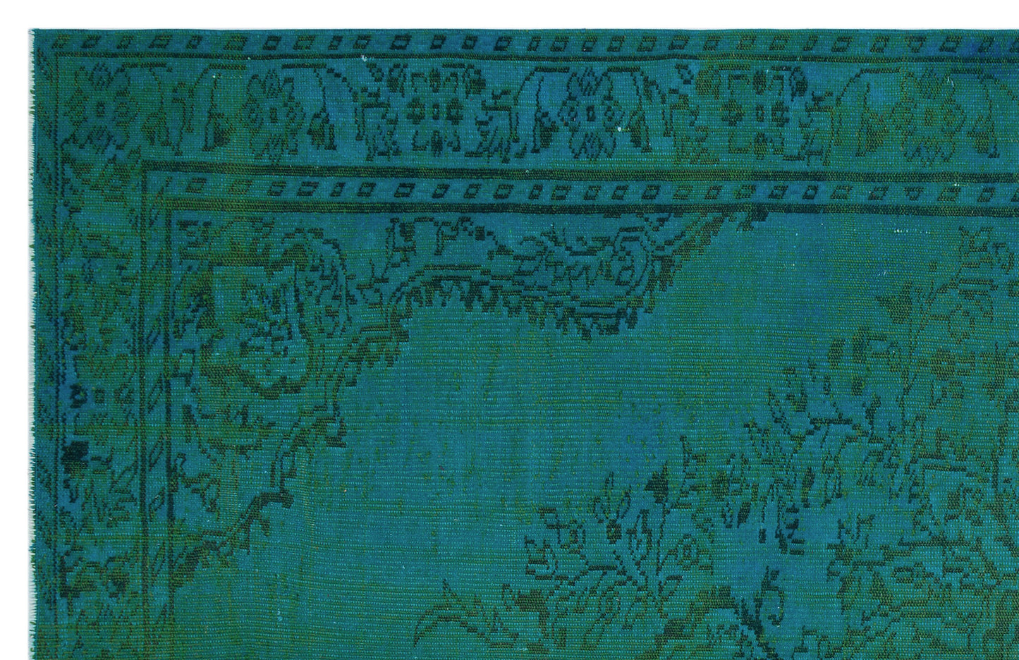 Teal and dark green traditional rug with a distressed floral medallion pattern and a decorative border.