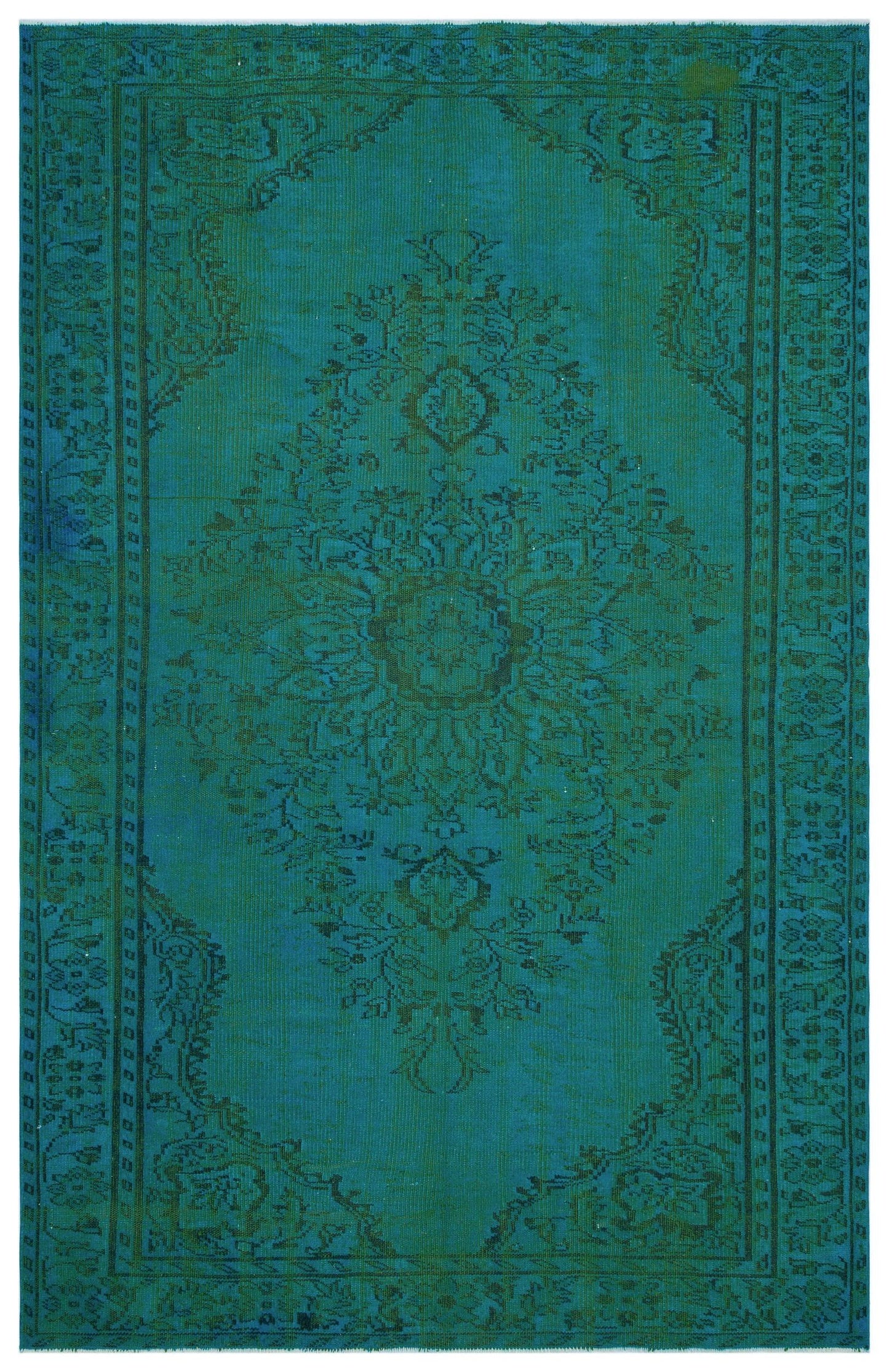 Teal and dark green traditional rug with a central floral medallion and ornate border pattern.