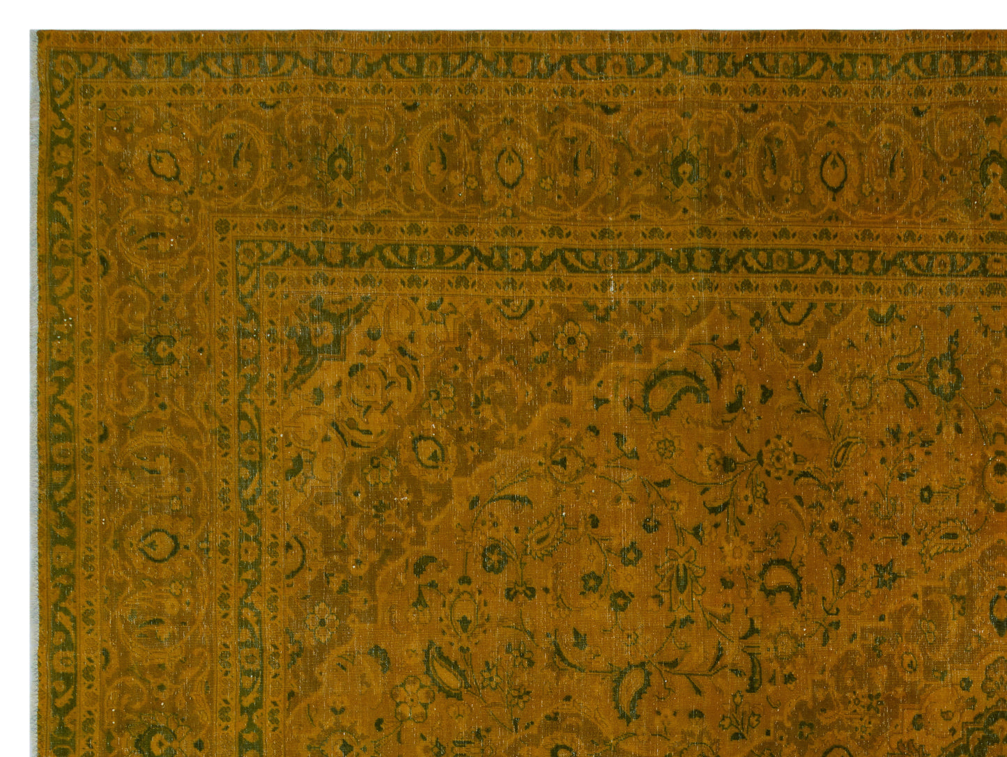 Ochre and dark green traditional rug with an intricate floral and paisley border pattern.