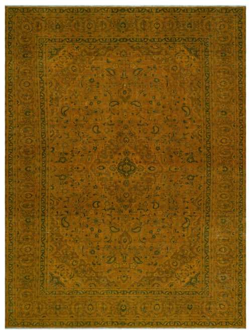 Load image 1 in gallery view. Ochre and dark green traditional rug with a central floral medallion and intricate border pattern on a white background.