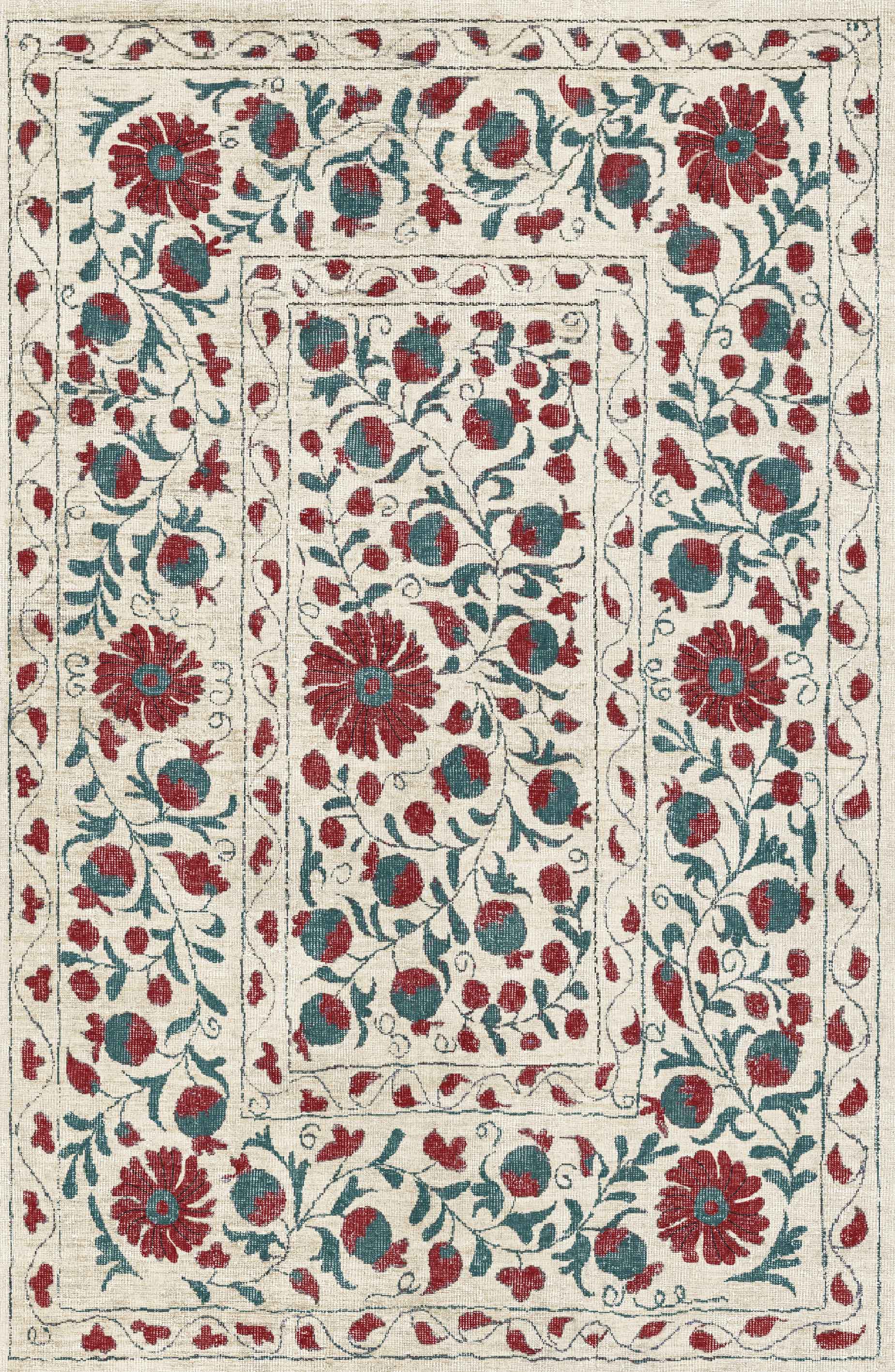 Floral patterned rug with red and blue flowers on a beige background