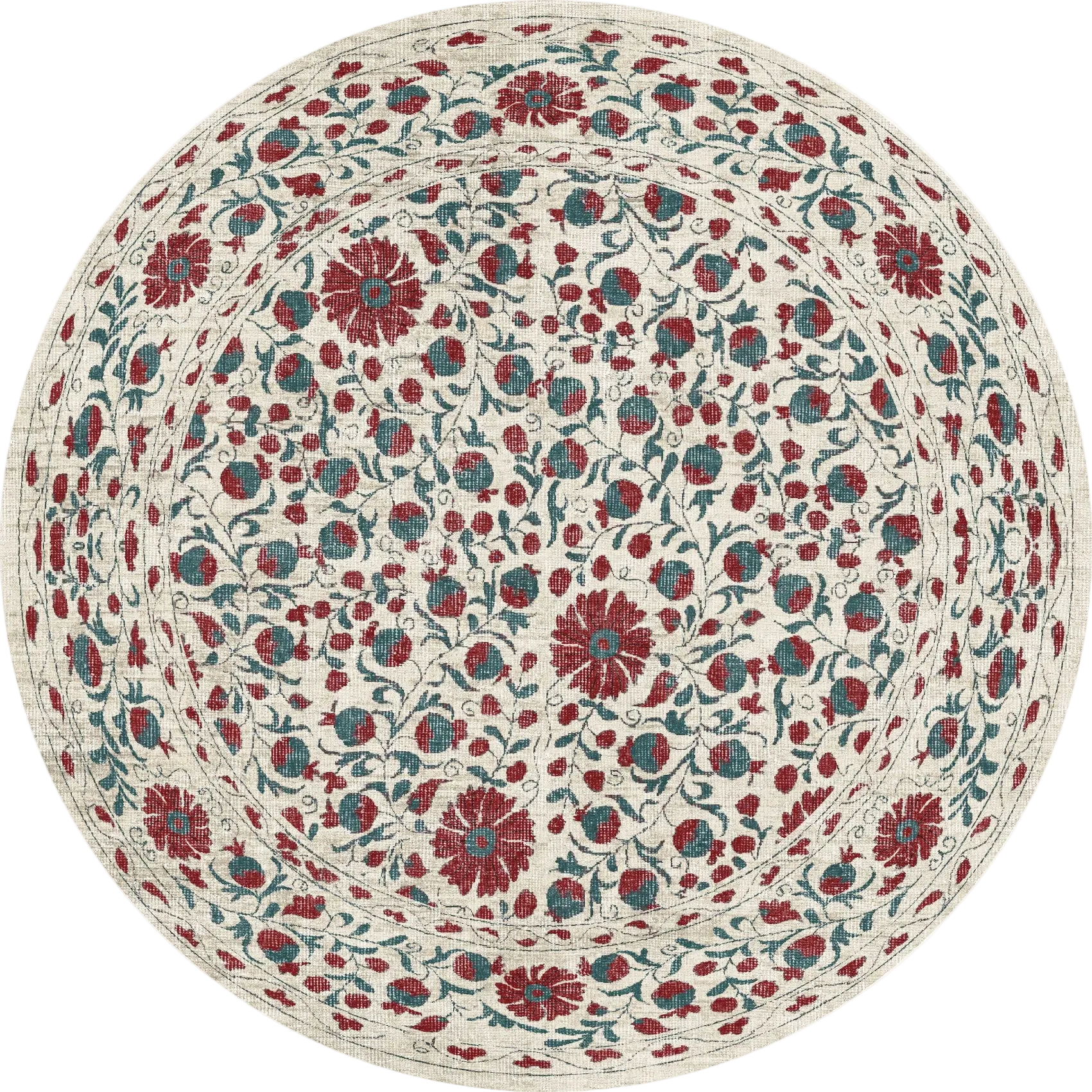 Round floral-patterned rug with red and blue flowers on a white background