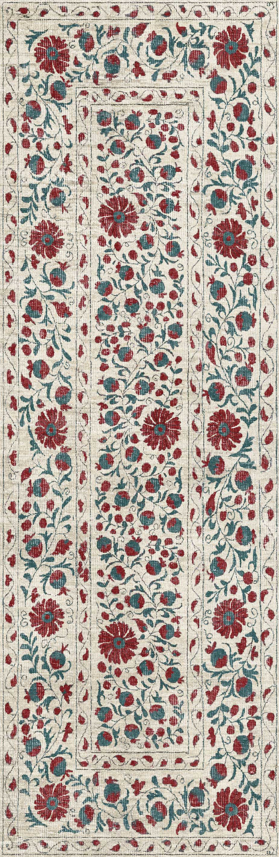 Decorative floral patterned runner rug with red and green flowers on a beige background