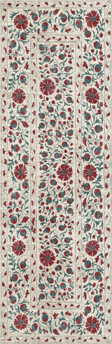 Decorative floral patterned runner rug with red and green flowers on a beige background
