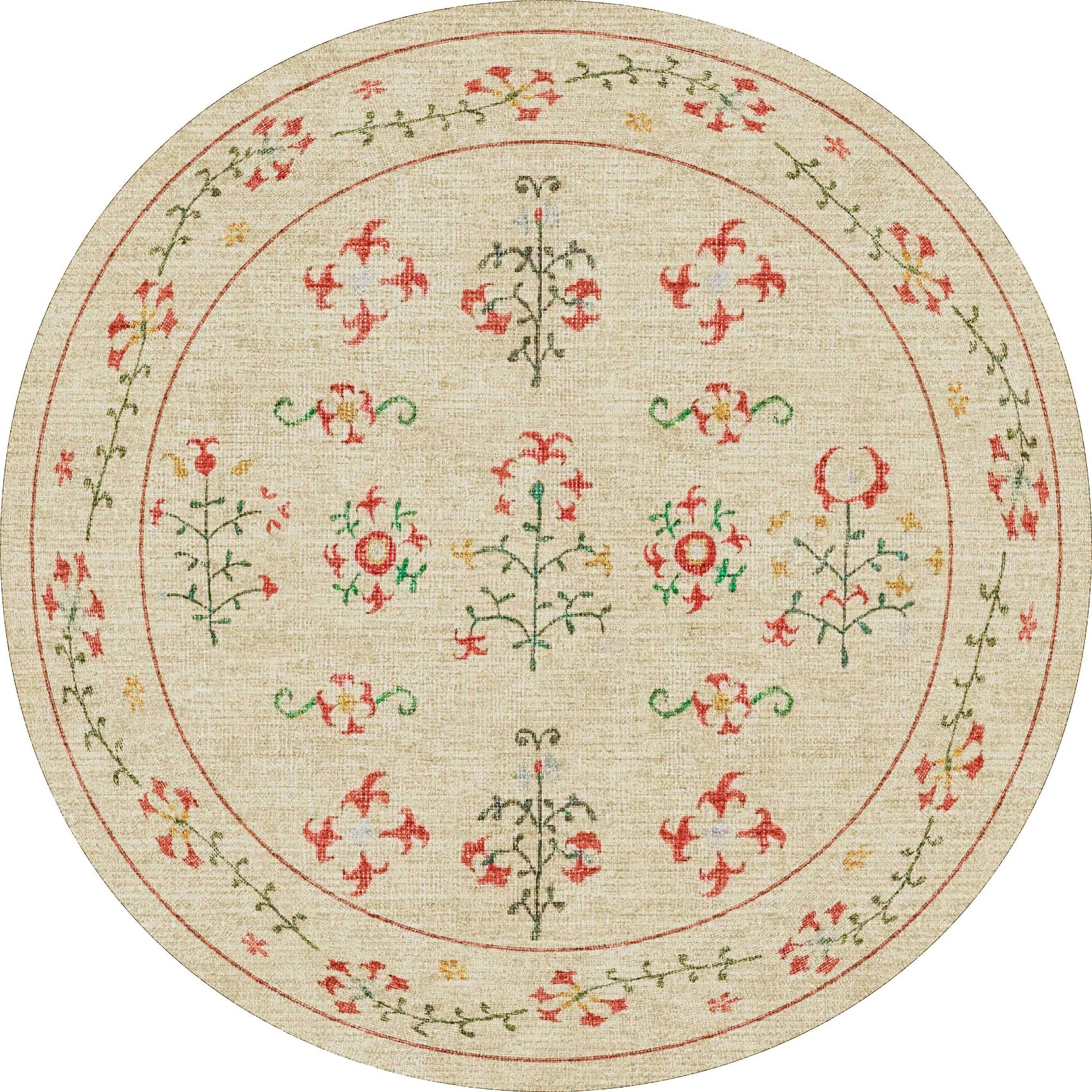 Round rug with floral pattern on a beige background