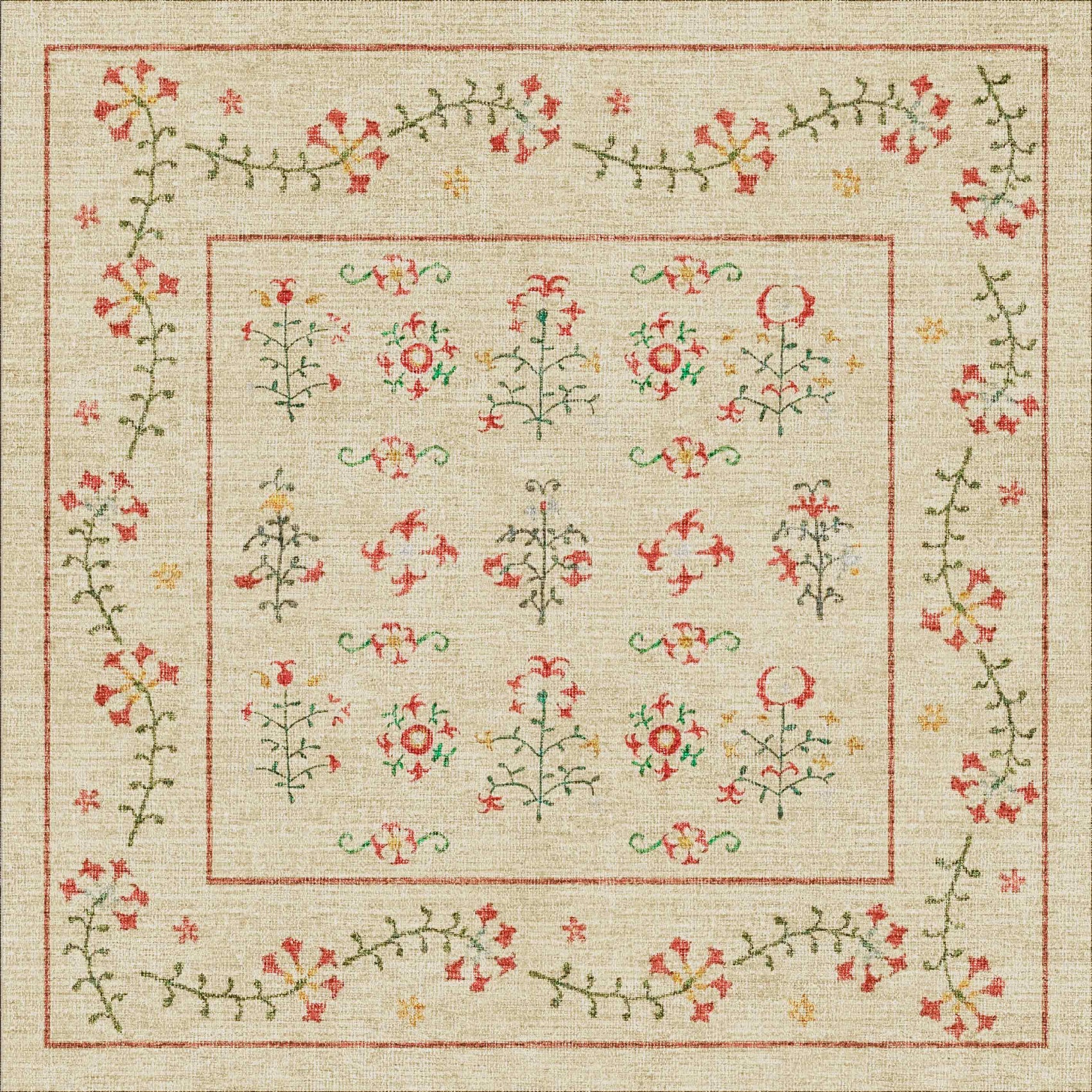 Decorative floral pattern square rug with a beige background