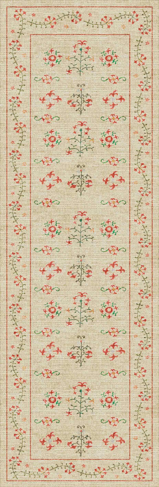 Decorative floral patterned runner rug with a beige background