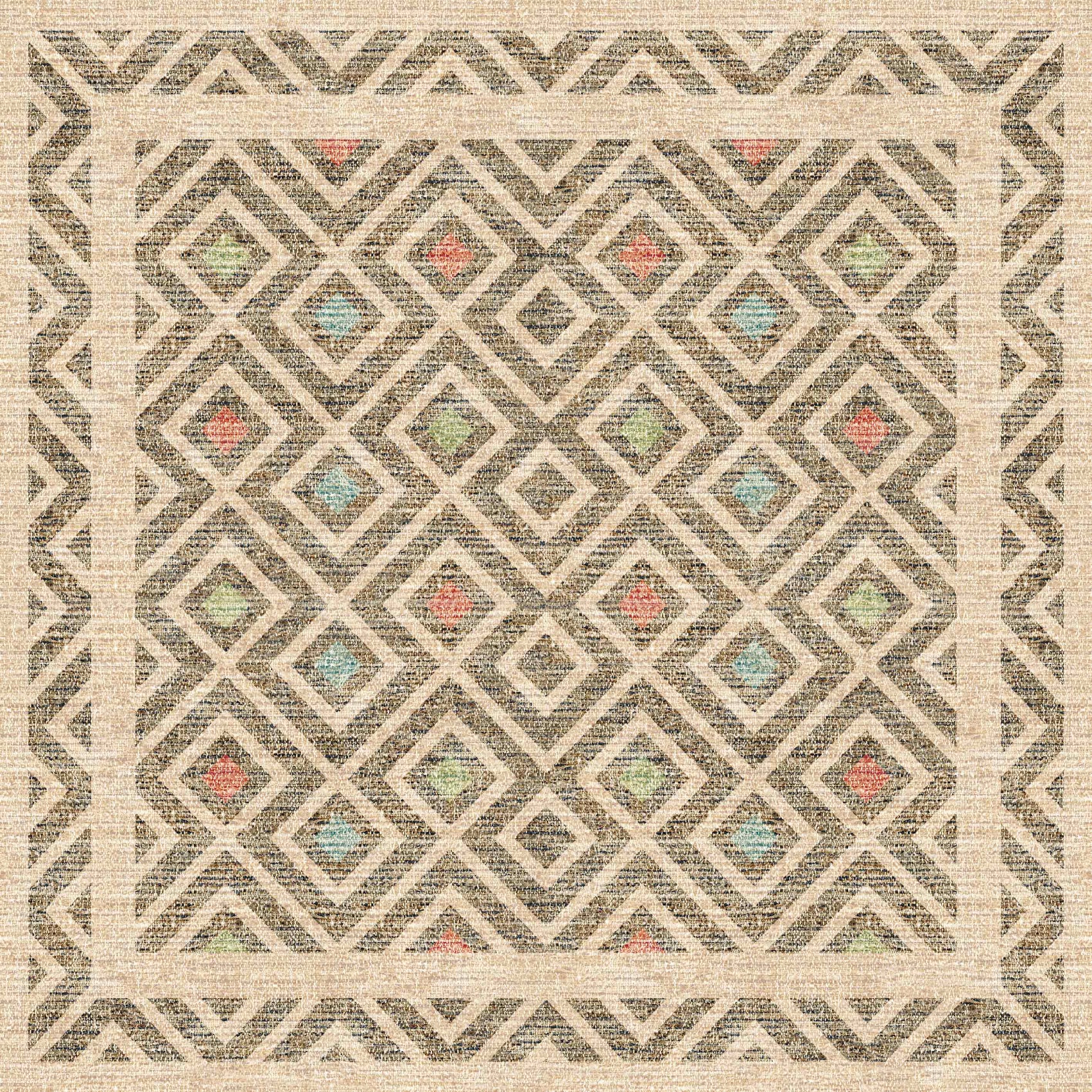 Geometric patterned square rug with diamond shapes and colorful accents on a beige background