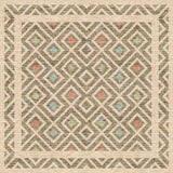 Geometric patterned square rug with diamond shapes and colorful accents on a beige background