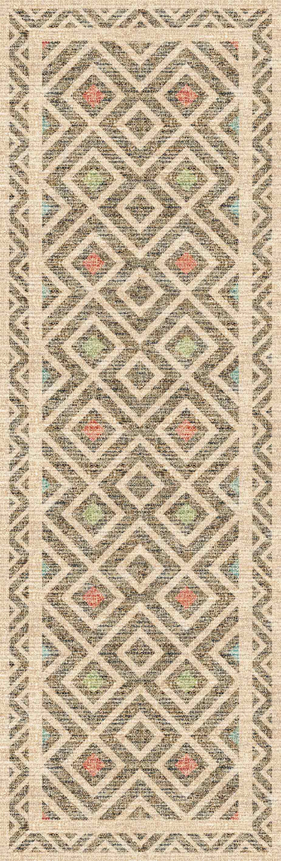 Patterned rug with geometric design on a beige background