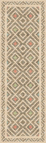 Patterned rug with geometric design on a beige background
