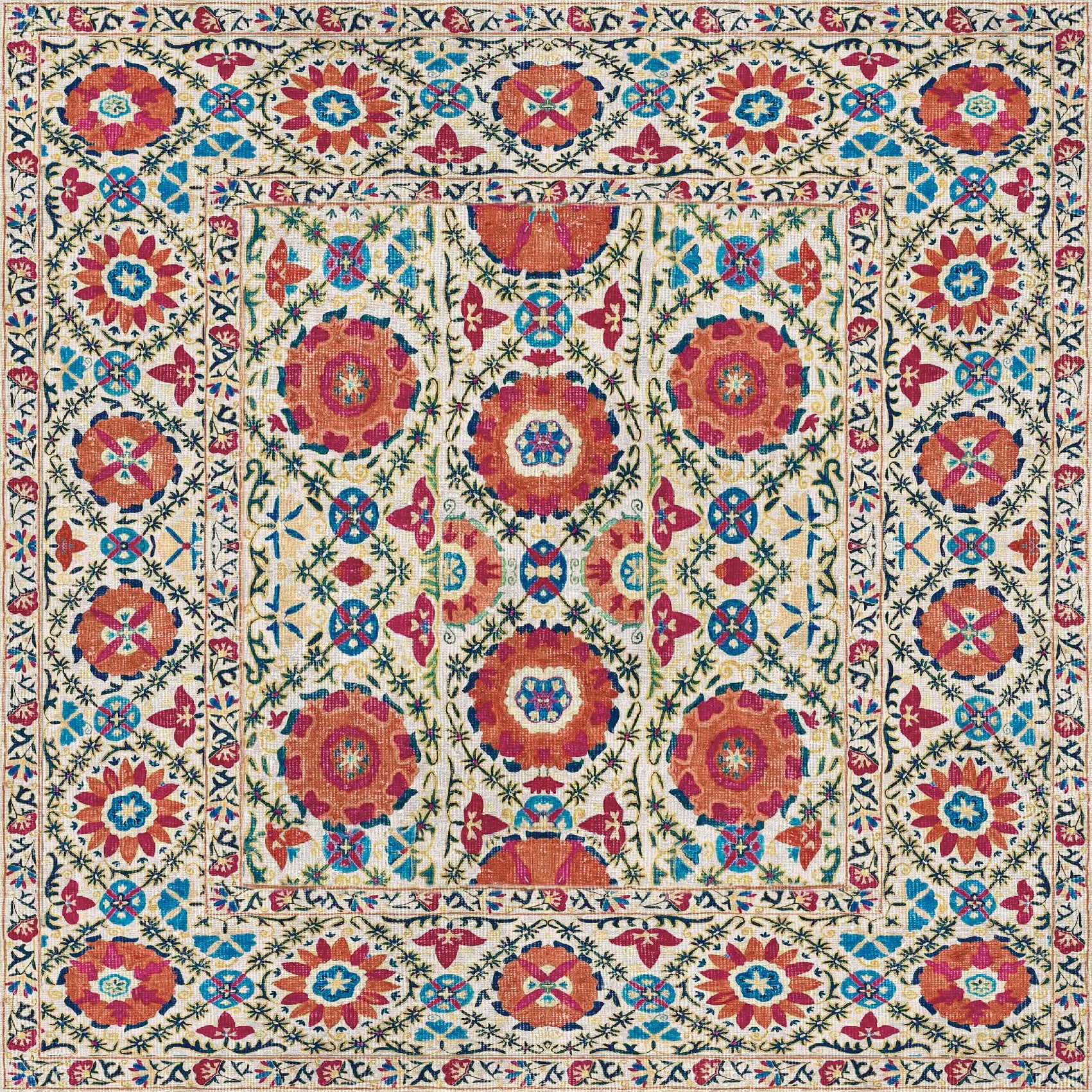 Decorative floral rug with a geometric pattern on a beige background