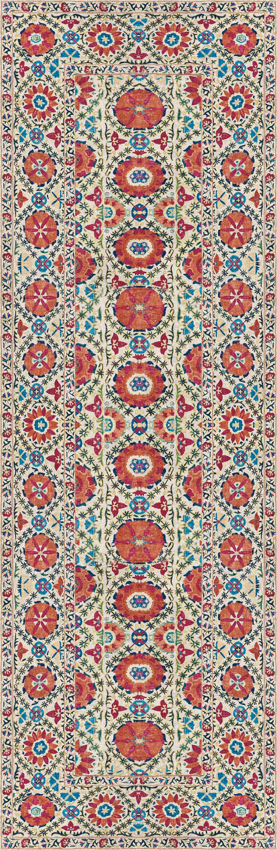Decorative runner rug with a floral pattern in red, blue, and beige on a white background