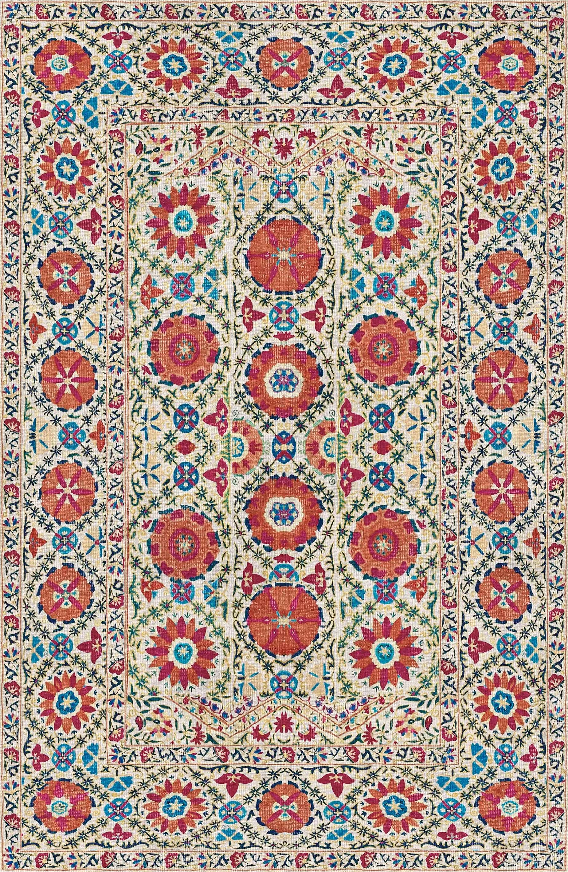 Decorative rug with a floral pattern in red, blue, and beige colors.