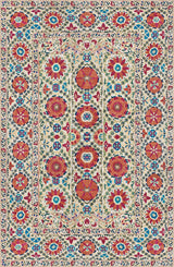 Decorative rug with a floral pattern in red, blue, and beige colors.