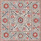 Decorative rug with intricate floral and geometric pattern in red, blue, and beige.