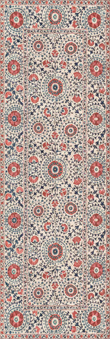Patterned  runner rug with red, blue, and beige colors