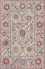 Decorative rug with floral and geometric pattern in red, blue, and beige.