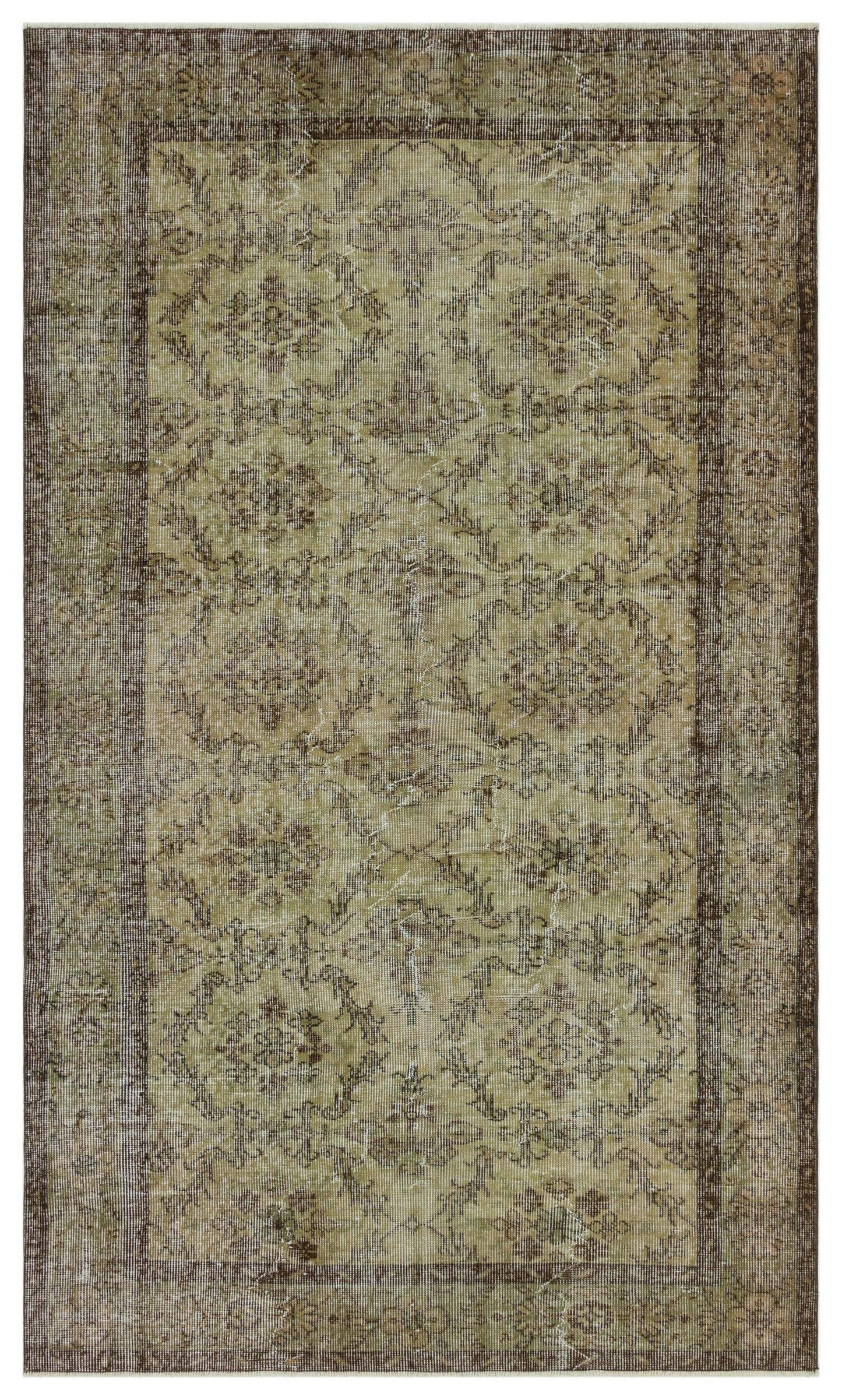 Olive green and brown distressed traditional rug with a repeating floral medallion pattern and a wide border.
