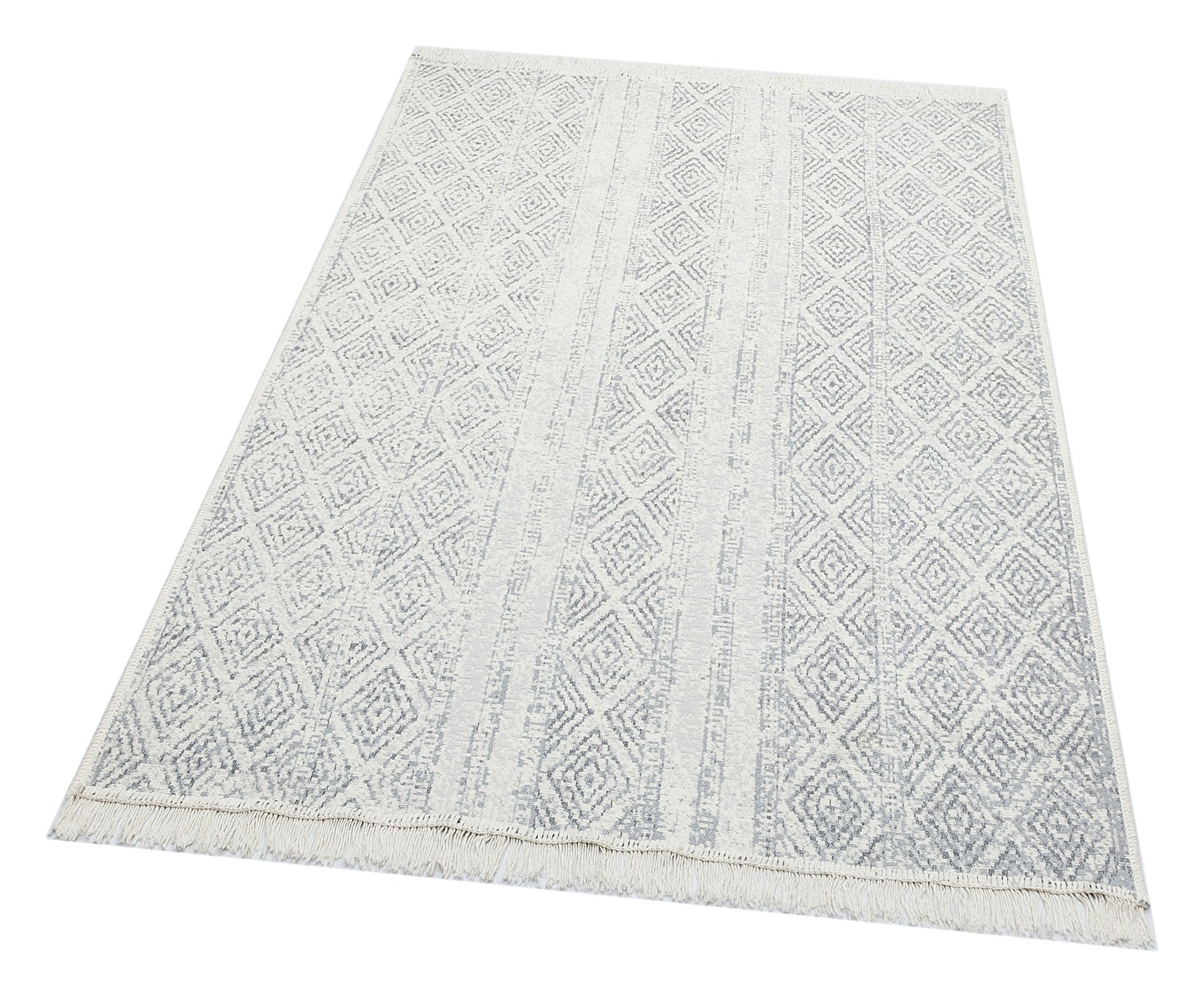 The Modern Mist - Washable Double-Sided Kilims - AR01 is a machine-made rectangular rug showcasing a subtle diamond trellis pattern in light grey and white, finished with short fringe on the shorter sides.