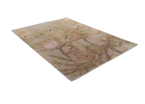 Load image 1 in gallery view. The Dreamweaver's Loom - Washable Rug - JRS001 (Custom Size) features a botanical pattern with large flowers and leaves in muted earth tones, ideal for high-traffic areas and shown on a white background.