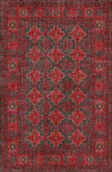 Red and green patterned rug with intricate design