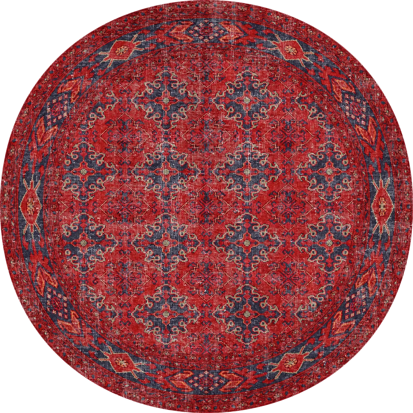 Round red and blue patterned rug